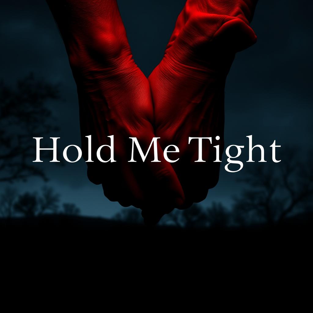 A dark, atmospheric night scene that evokes intense emotions, featuring two hands tightly clasped together in the foreground