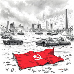A dramatic black and white drawing depicting broken and destroyed tanks scattered across a war-torn landscape