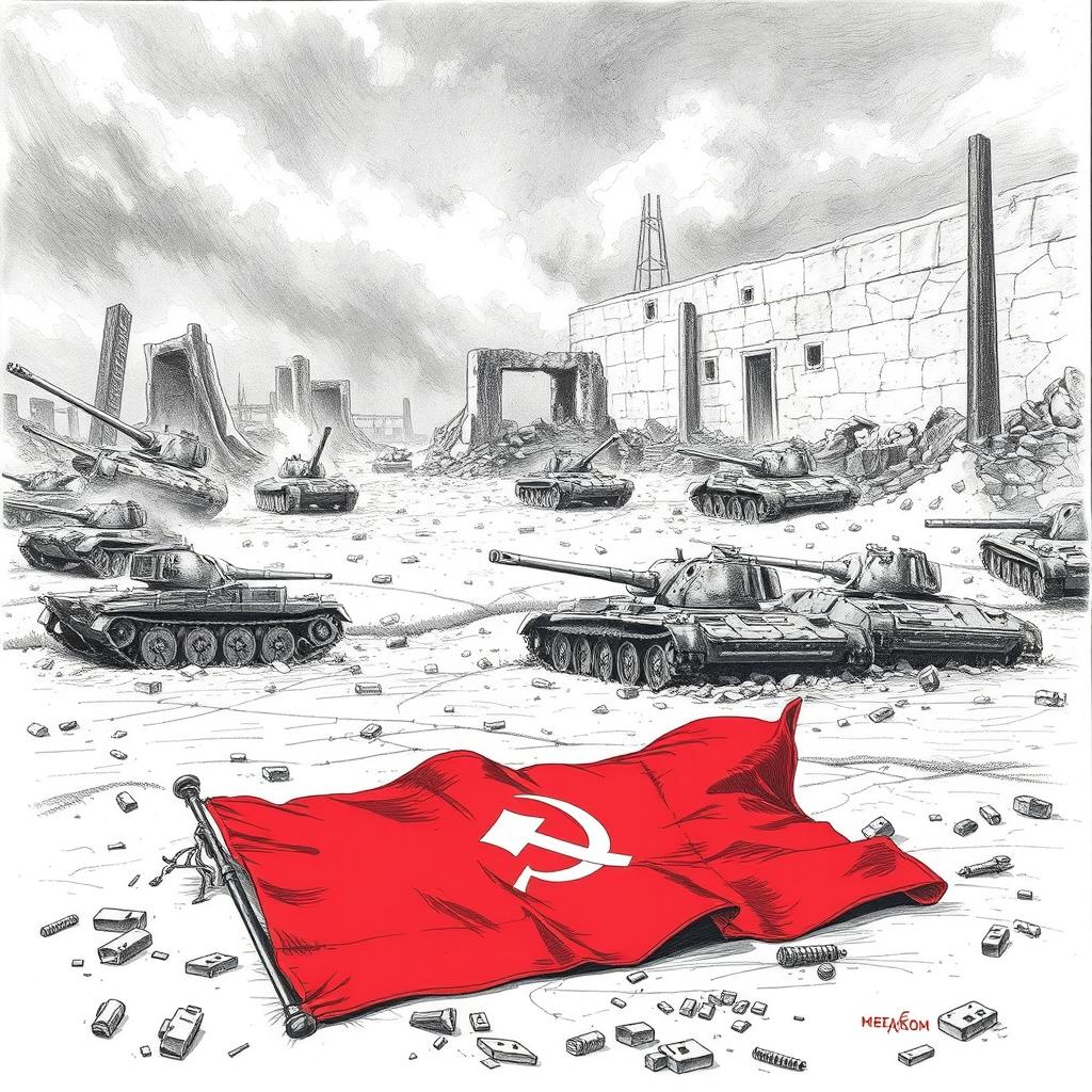 A dramatic black and white drawing depicting broken and destroyed tanks scattered across a war-torn landscape