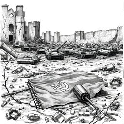 A dramatic black and white drawing depicting broken and destroyed tanks scattered across a war-torn landscape