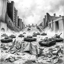 A dramatic black and white drawing depicting broken and destroyed tanks scattered across a war-torn landscape