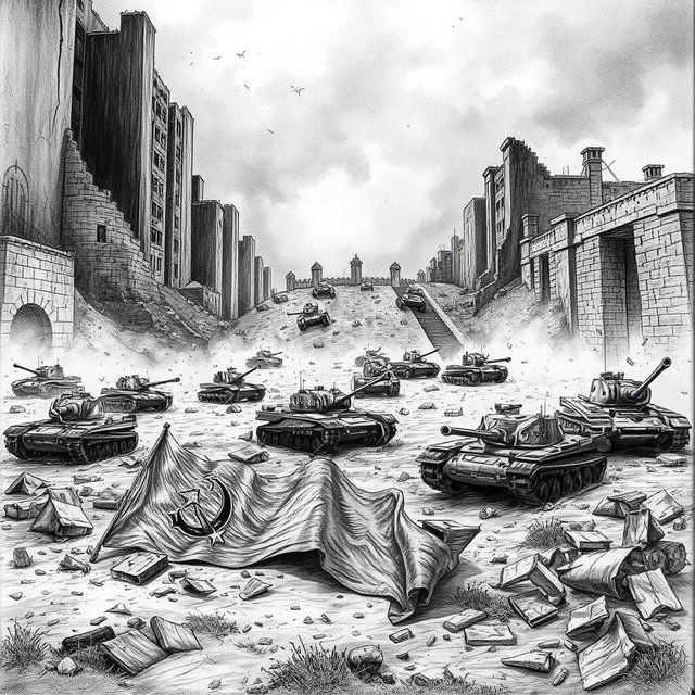 A dramatic black and white drawing depicting broken and destroyed tanks scattered across a war-torn landscape