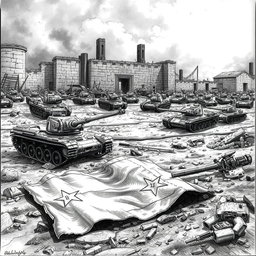 A dramatic black and white drawing depicting broken and destroyed tanks scattered across a war-torn landscape