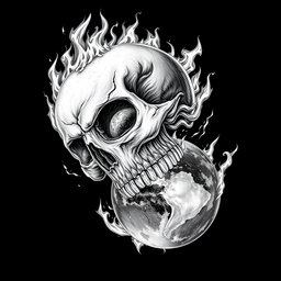 A dramatic black and white drawing featuring a menacing skull that appears to be devouring planet Earth