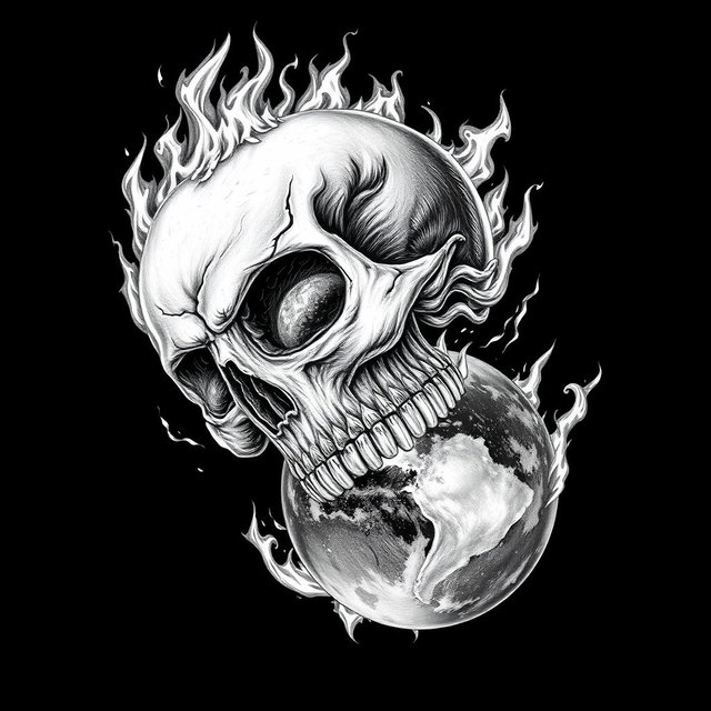 A dramatic black and white drawing featuring a menacing skull that appears to be devouring planet Earth