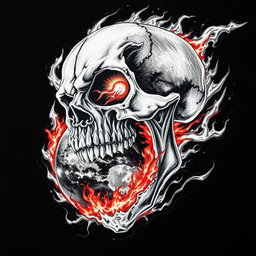 A dramatic black and white drawing featuring a menacing skull that appears to be devouring planet Earth