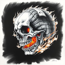 A dramatic black and white drawing featuring a menacing skull that appears to be devouring planet Earth