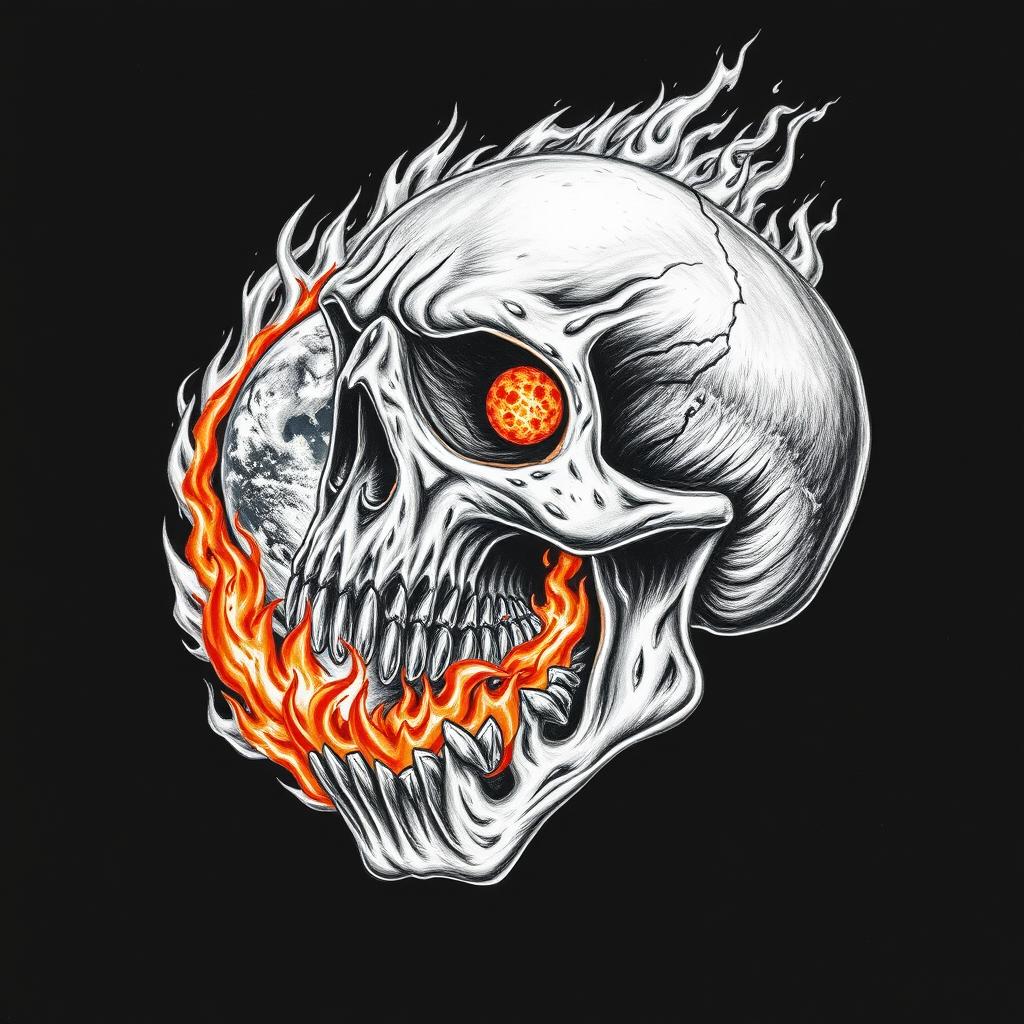 A dramatic black and white drawing featuring a menacing skull that appears to be devouring planet Earth