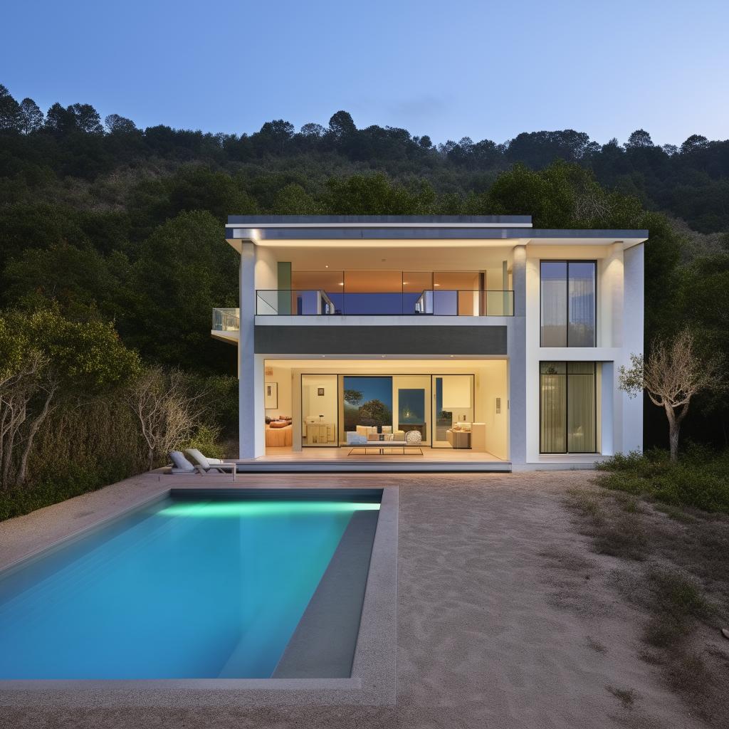 Design a two-story coastal villa with an infinity pool.