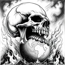 A striking black and white drawing depicting a skull with a massive jaw, fiercely biting off a piece of the planet Earth
