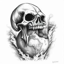 A striking black and white drawing depicting a skull with a massive jaw, fiercely biting off a piece of the planet Earth