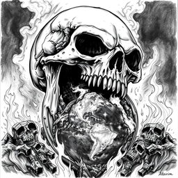 A striking black and white drawing depicting a skull with a massive jaw, fiercely biting off a piece of the planet Earth
