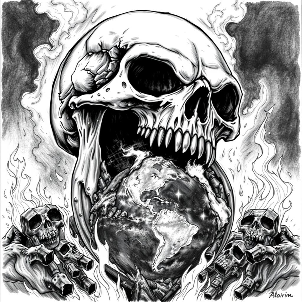 A striking black and white drawing depicting a skull with a massive jaw, fiercely biting off a piece of the planet Earth