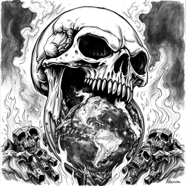 A striking black and white drawing depicting a skull with a massive jaw, fiercely biting off a piece of the planet Earth