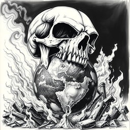 A striking black and white drawing depicting a skull with a massive jaw, fiercely biting off a piece of the planet Earth