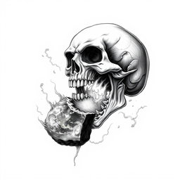 A black and white drawing depicting a dramatic scene where a skull is voraciously biting off a piece of the planet Earth