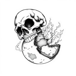 A black and white drawing depicting a dramatic scene where a skull is voraciously biting off a piece of the planet Earth