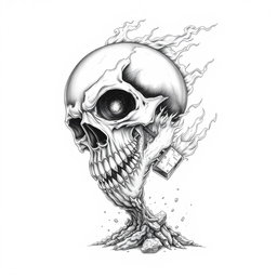 A black and white drawing depicting a dramatic scene where a skull is voraciously biting off a piece of the planet Earth