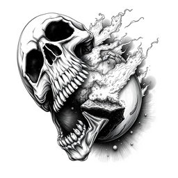 A black and white drawing depicting a dramatic scene where a skull is voraciously biting off a piece of the planet Earth