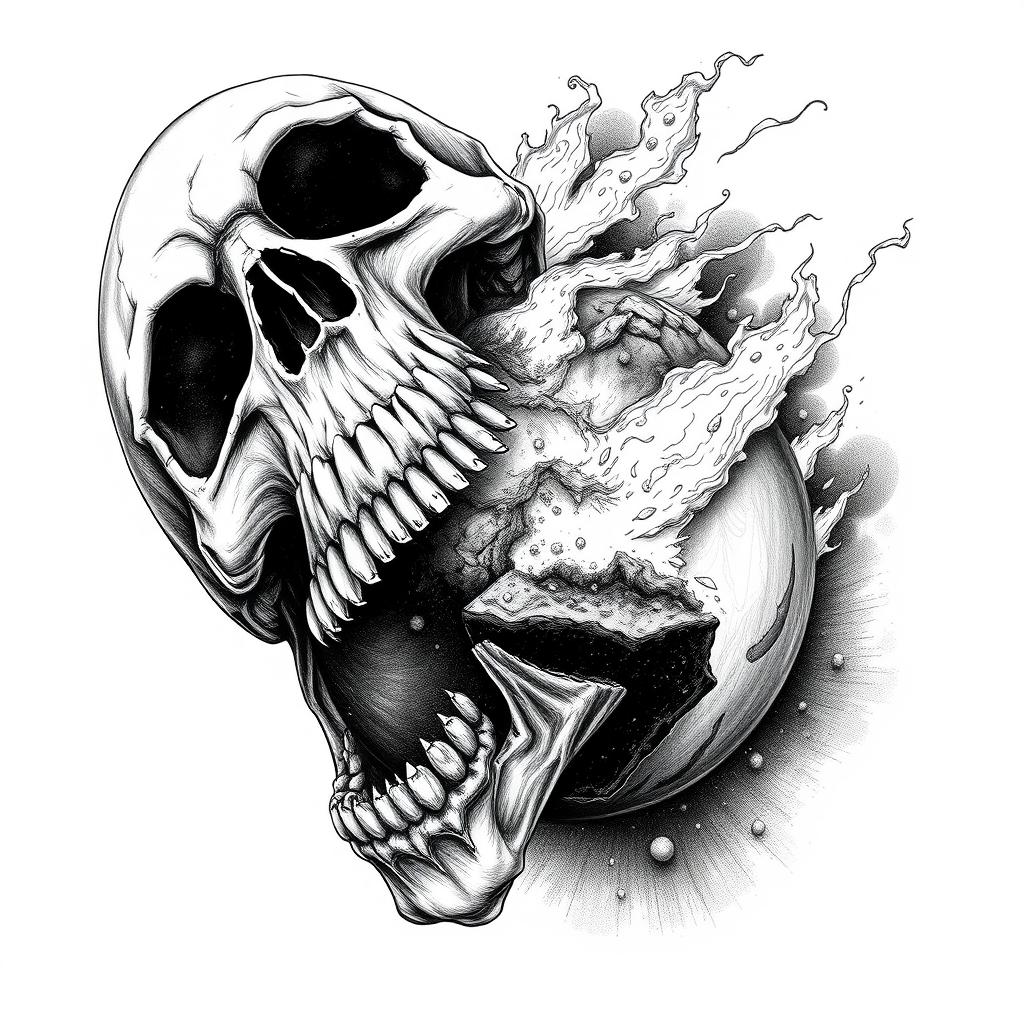 A black and white drawing depicting a dramatic scene where a skull is voraciously biting off a piece of the planet Earth