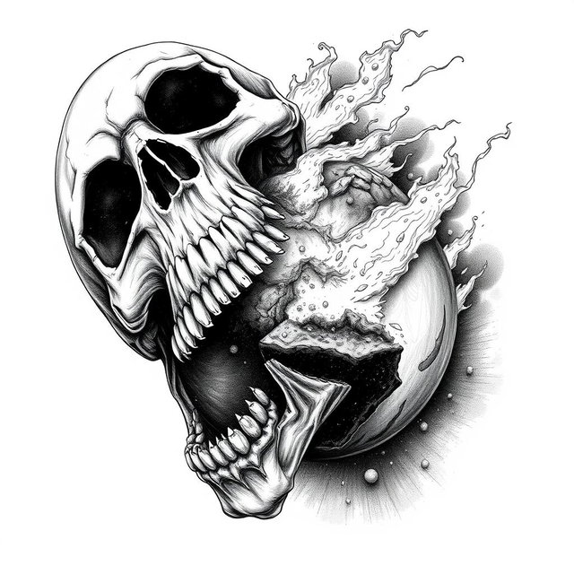 A black and white drawing depicting a dramatic scene where a skull is voraciously biting off a piece of the planet Earth