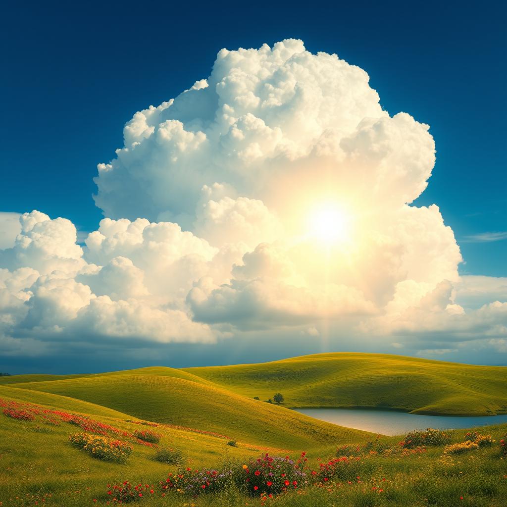 A majestic cloud formation in a bright blue sky, fluffy and white, resembling cotton candy, with a thick layer of clouds at different heights creating depth