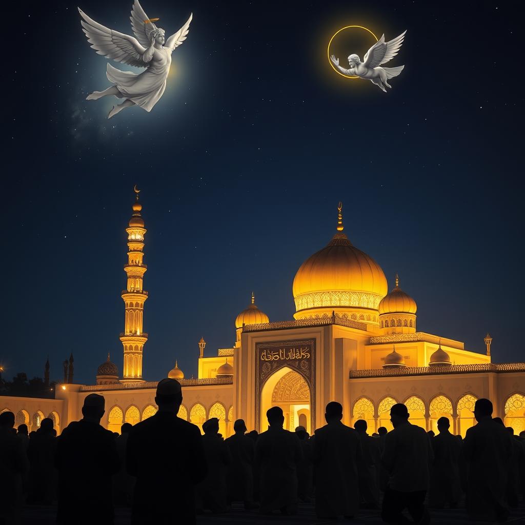 A serene and spiritual night scene depicting the sixth night of Ramadan, focusing on the theme of Tarawih prayers