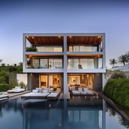 Design a two-story coastal villa with an infinity pool.