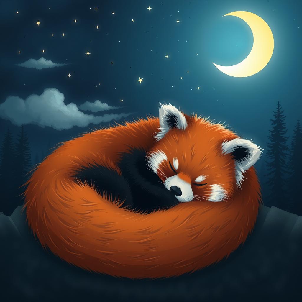 A peaceful sleeping red panda curled up in a cozy position, set against a dreamy background with a bright, large crescent moon illuminating the scene