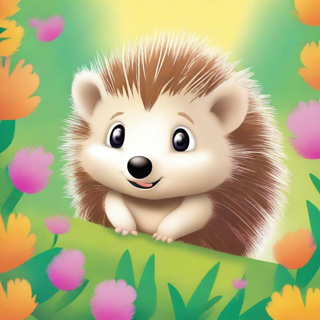 A high-quality digital art image for a children's book cover showcasing a small, adorable hedgehog