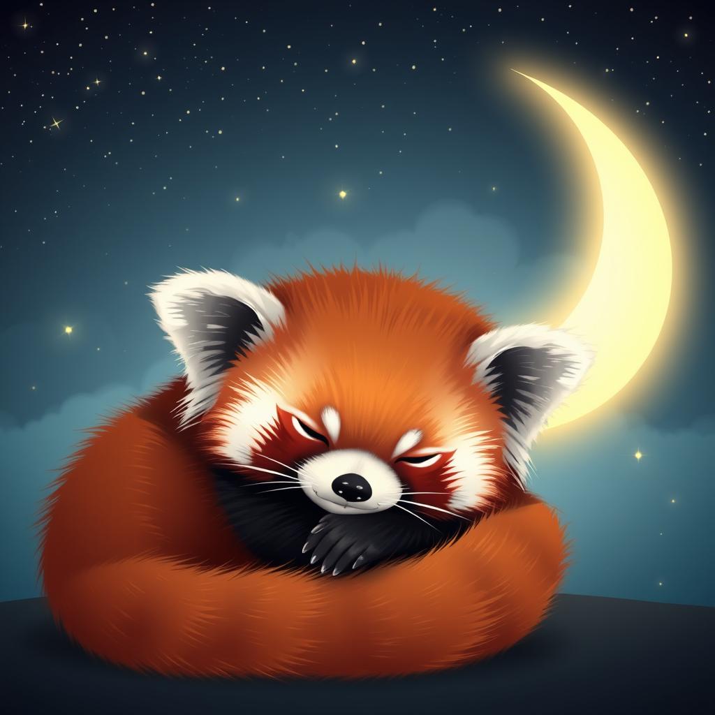 A serene profile picture of a sleeping red panda nestled in a cozy position, its fluffy, reddish-brown fur beautifully highlighted against a dreamy crescent moon backdrop