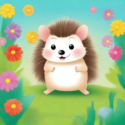 A high-quality digital art image for a children's book cover showcasing a small, adorable hedgehog