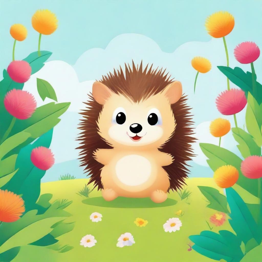 A high-quality digital art image for a children's book cover showcasing a small, adorable hedgehog