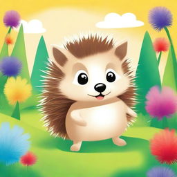 A high-quality digital art image for a children's book cover showcasing a small, adorable hedgehog