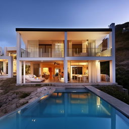 Design a two-story coastal villa with an infinity pool.