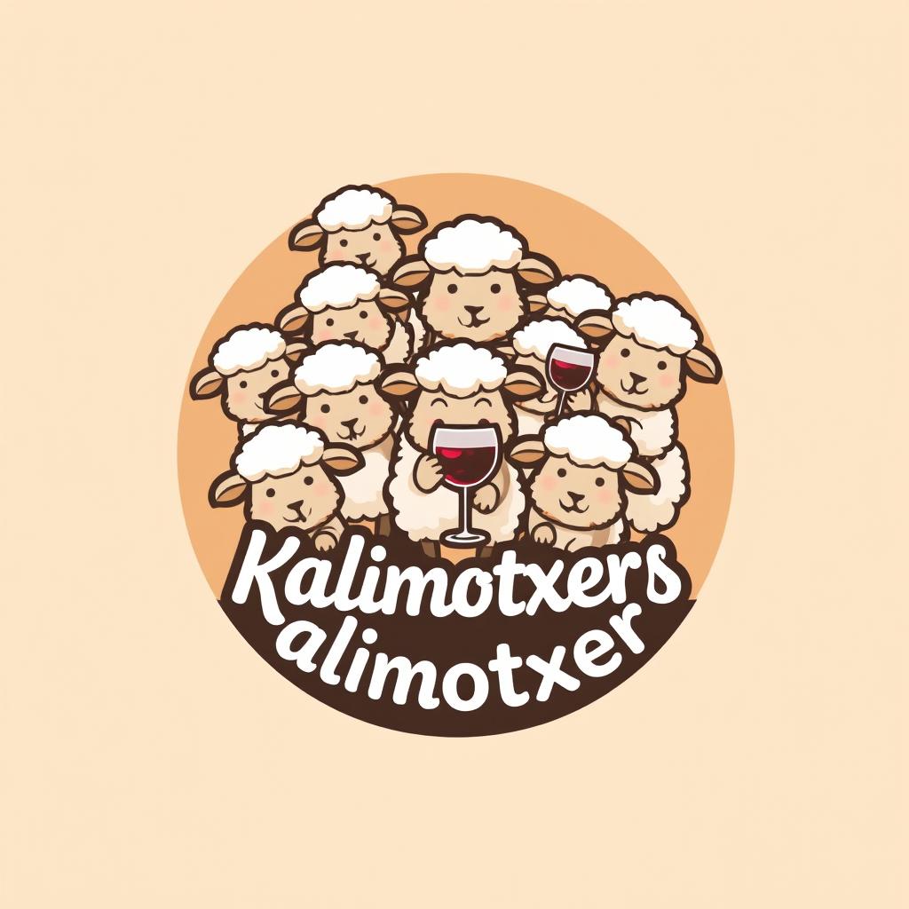 A round logo design featuring a flock of fluffy sheep with friendly faces, all holding a glass of wine