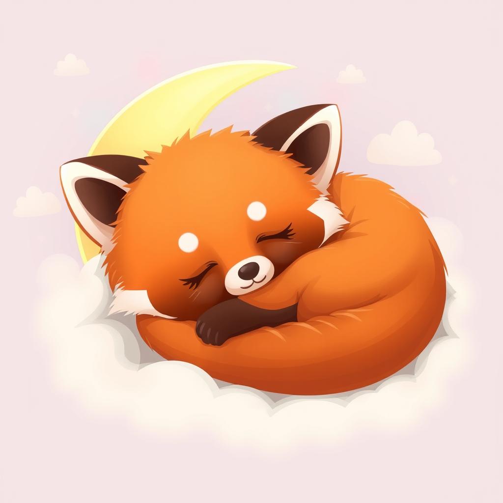A whimsical 2D illustration of a cute, sleeping red panda curled up peacefully