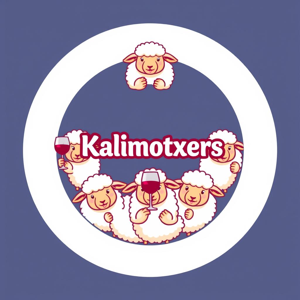 A round logo design featuring a cheerful flock of fluffy sheep, each holding a glass of wine