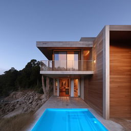 Design a two-story coastal villa with an infinity pool.