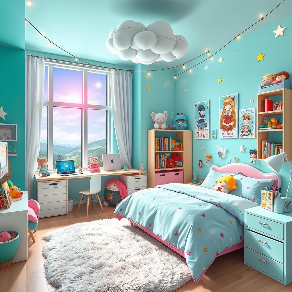 A vibrant and whimsical anime-style dream room for a ten-year-old, filled with colorful decorations and playful elements