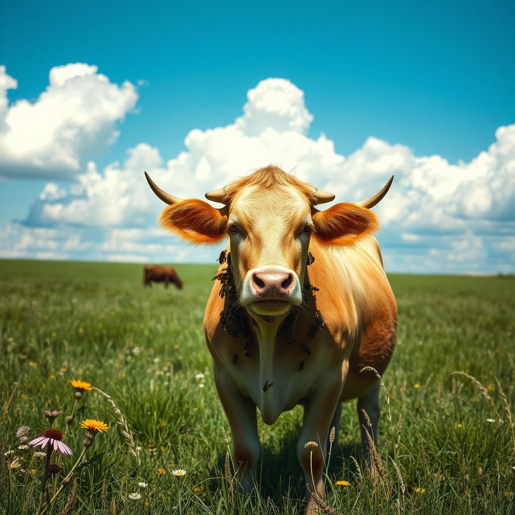 A distressed cow standing alone in a lush green field, tears streaming down its face as numerous bees swarm around its body