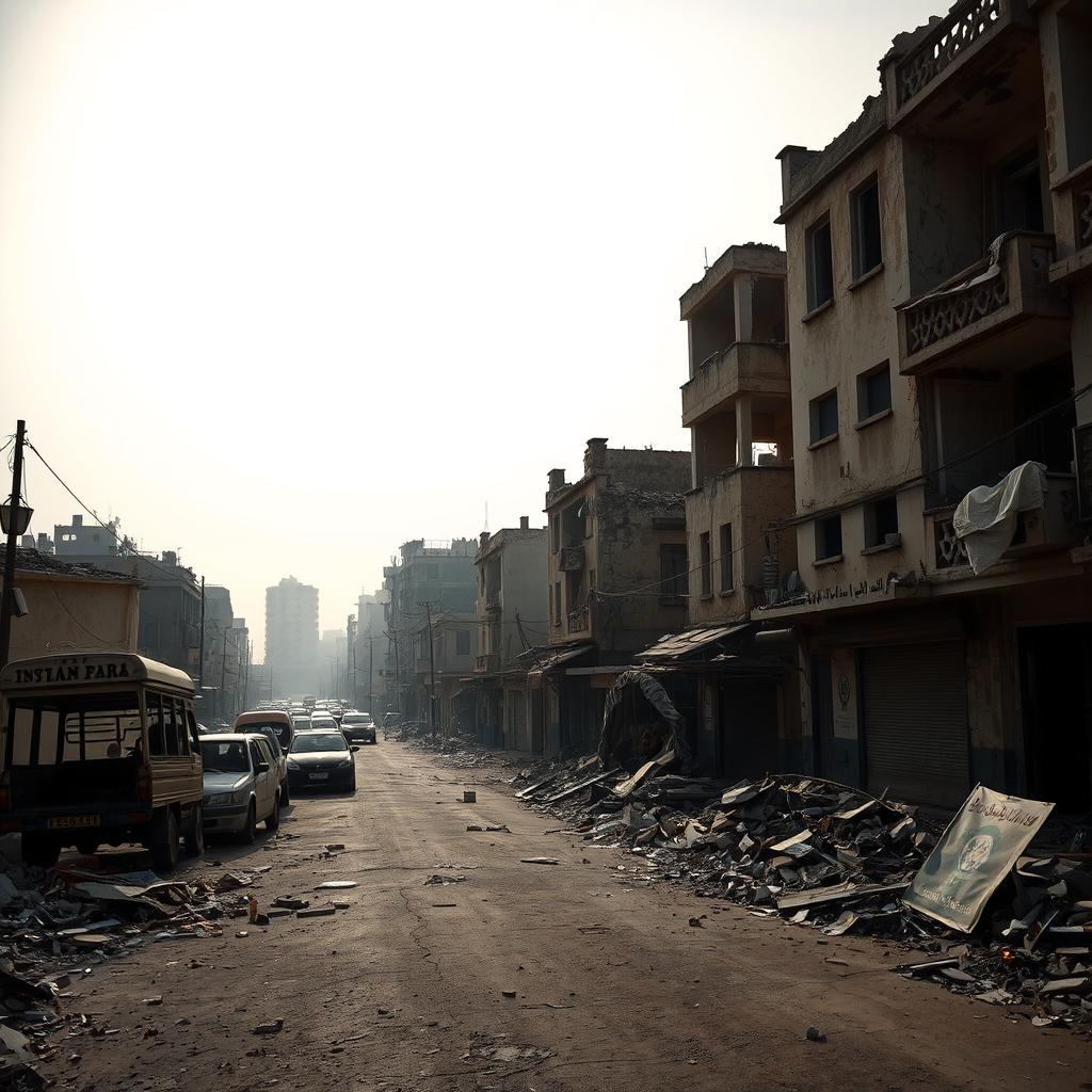 A desolate street in Gaza, showcasing the aftermath of conflict with crumbling buildings, scattered debris, and a somber atmosphere
