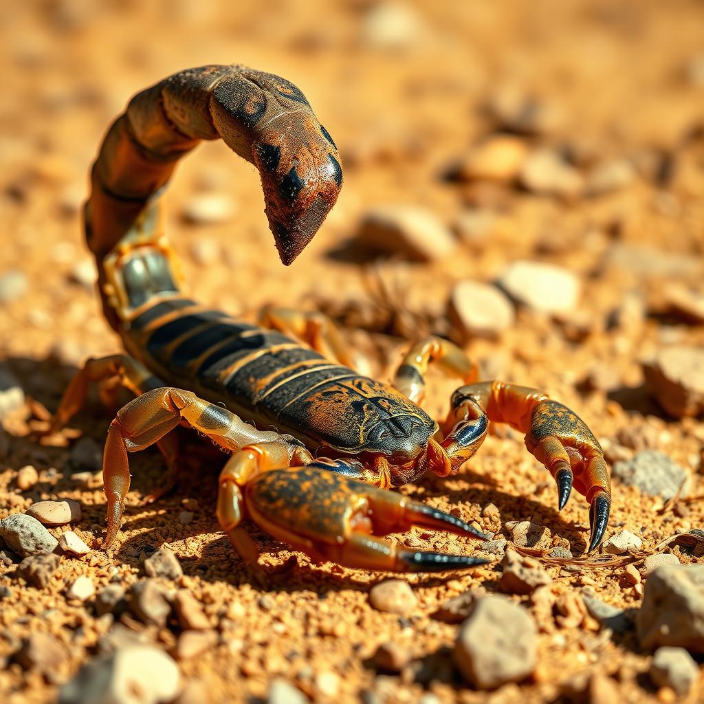 A detailed close-up of a ferocious scorpion in its natural habitat, showcasing its sharp, curved tail raised high for defense