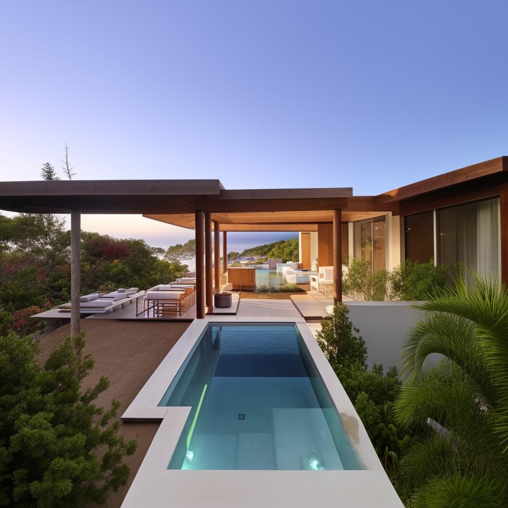 Design a two-story coastal villa with an infinity pool.