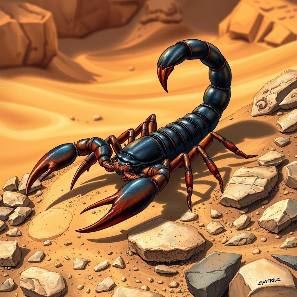 A detailed and vibrant illustration of a scorpion, showcasing its distinct features like the curved, venomous tail, large pincers, and segmented body
