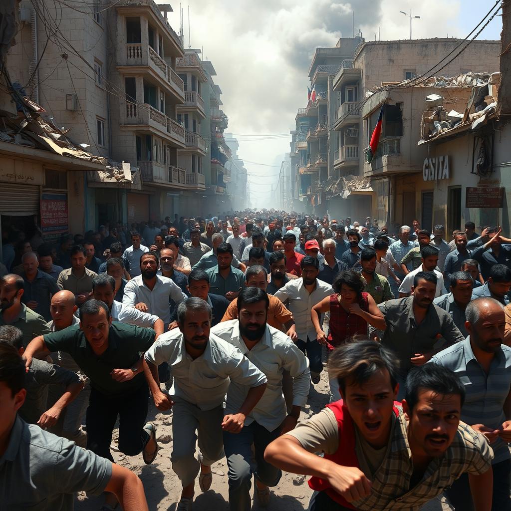 A vivid depiction of the streets of Gaza, filled with a crowd of people running in various directions, expressing urgency and fear