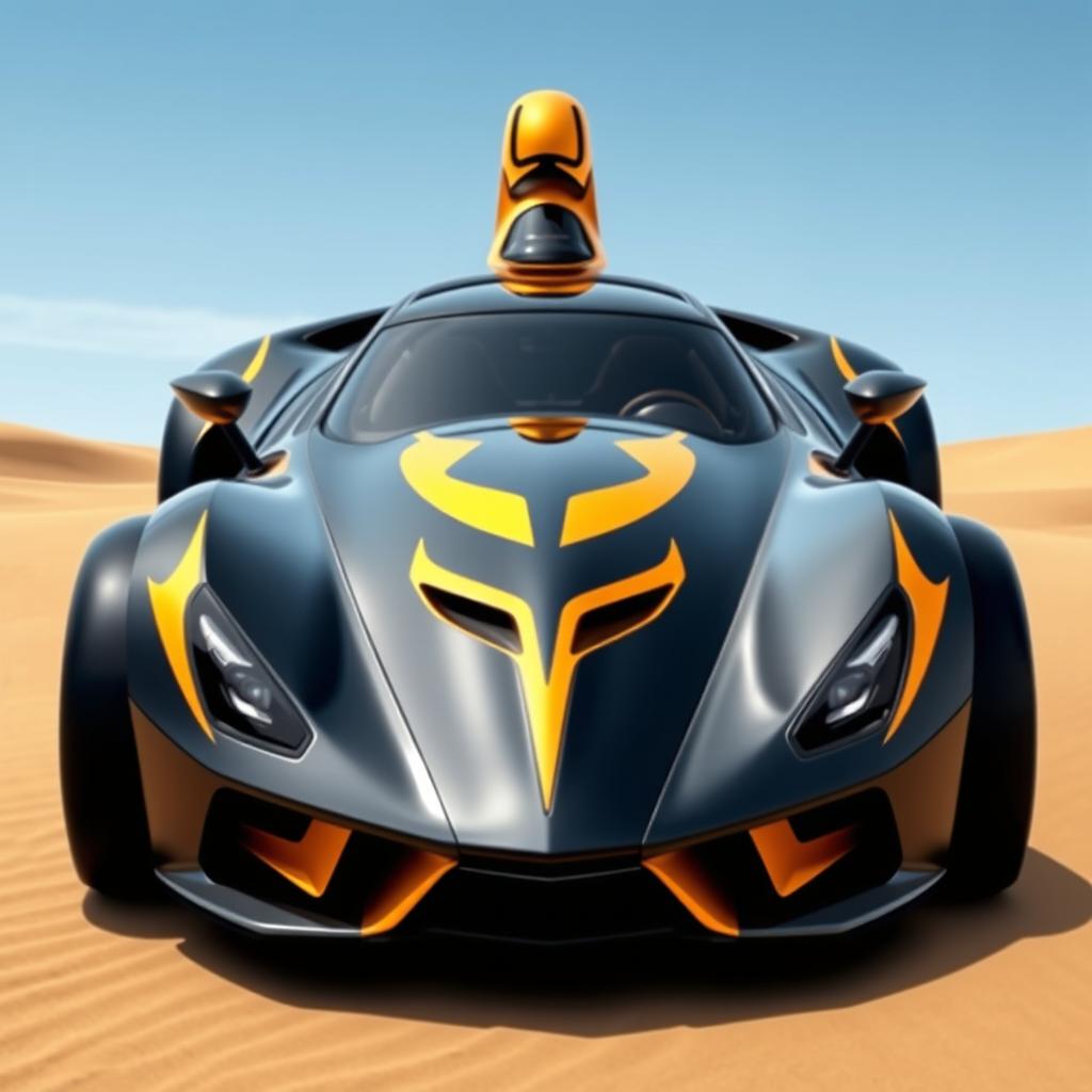 A striking Samand car designed to resemble a scorpion, with sleek, curved bodywork that mimics the shape of a scorpion's tail and pincers