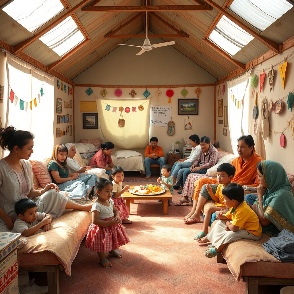 A community shelter where several families have settled, depicting various families interacting in a warm, welcoming environment