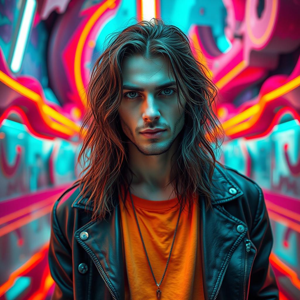 A man with long hair named Eduard Limonov standing in a surreal and abstract setting, exhibiting confidence and complexity