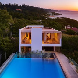 Design a two-story coastal villa with an infinity pool.